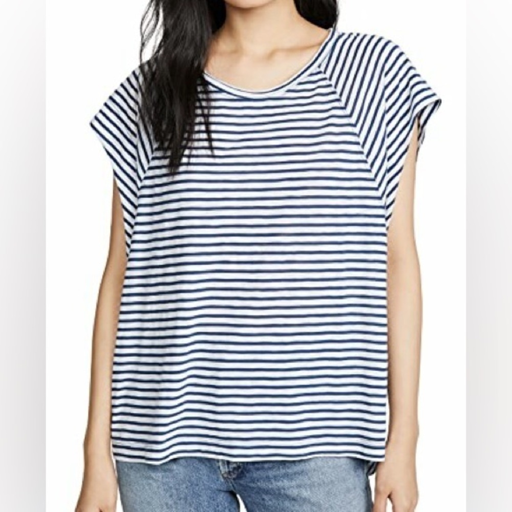 Free People We The Free Navy & White Striped Scoop Neck Oversized Shirt